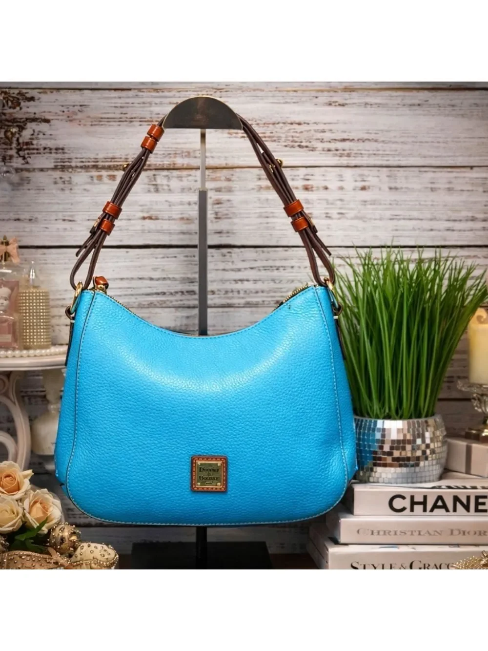 Dooney & Bourke Kiley Aqua Blue Brown Hobo Shoulder Bag Pebble leather Purse guc